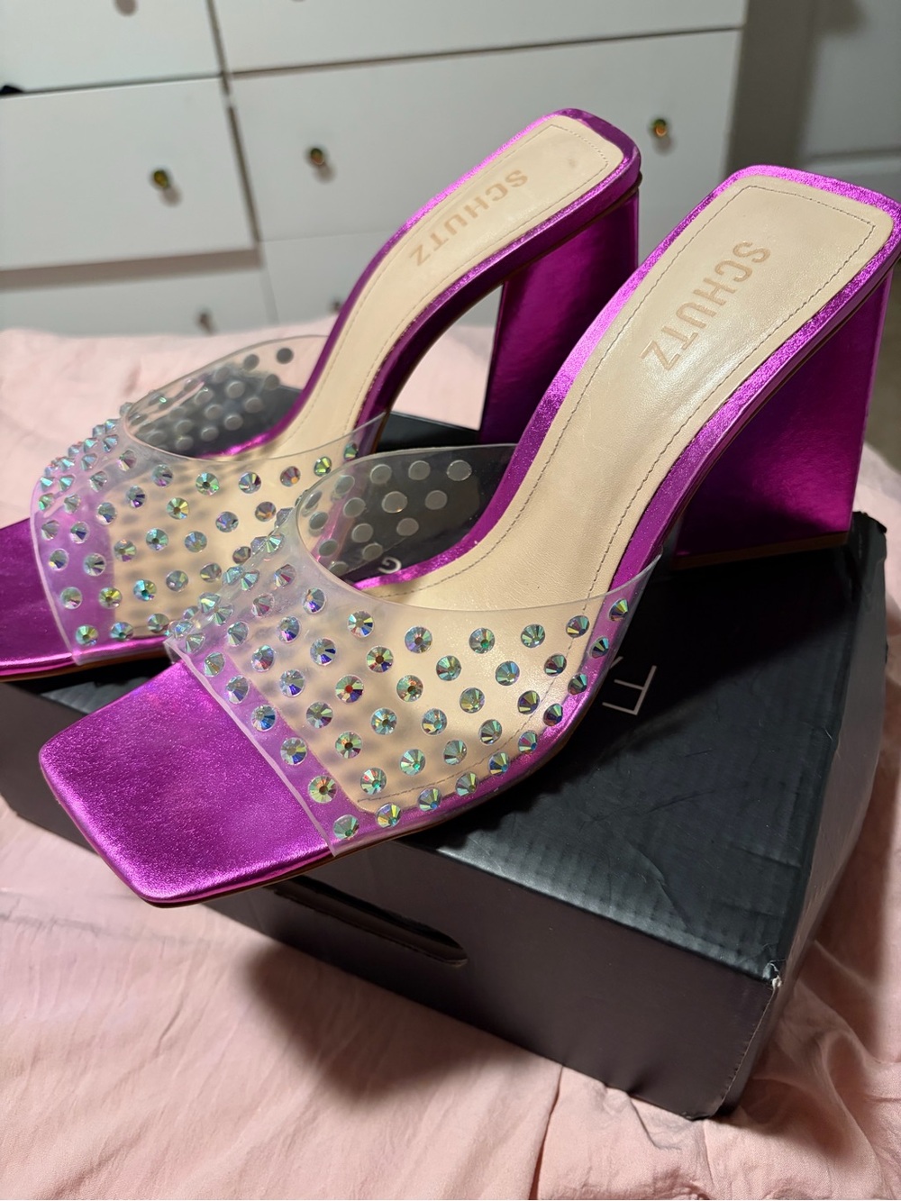 SCHUTZ Clear Slide Sandal with Pink Metallic Trim and Crystal Accents